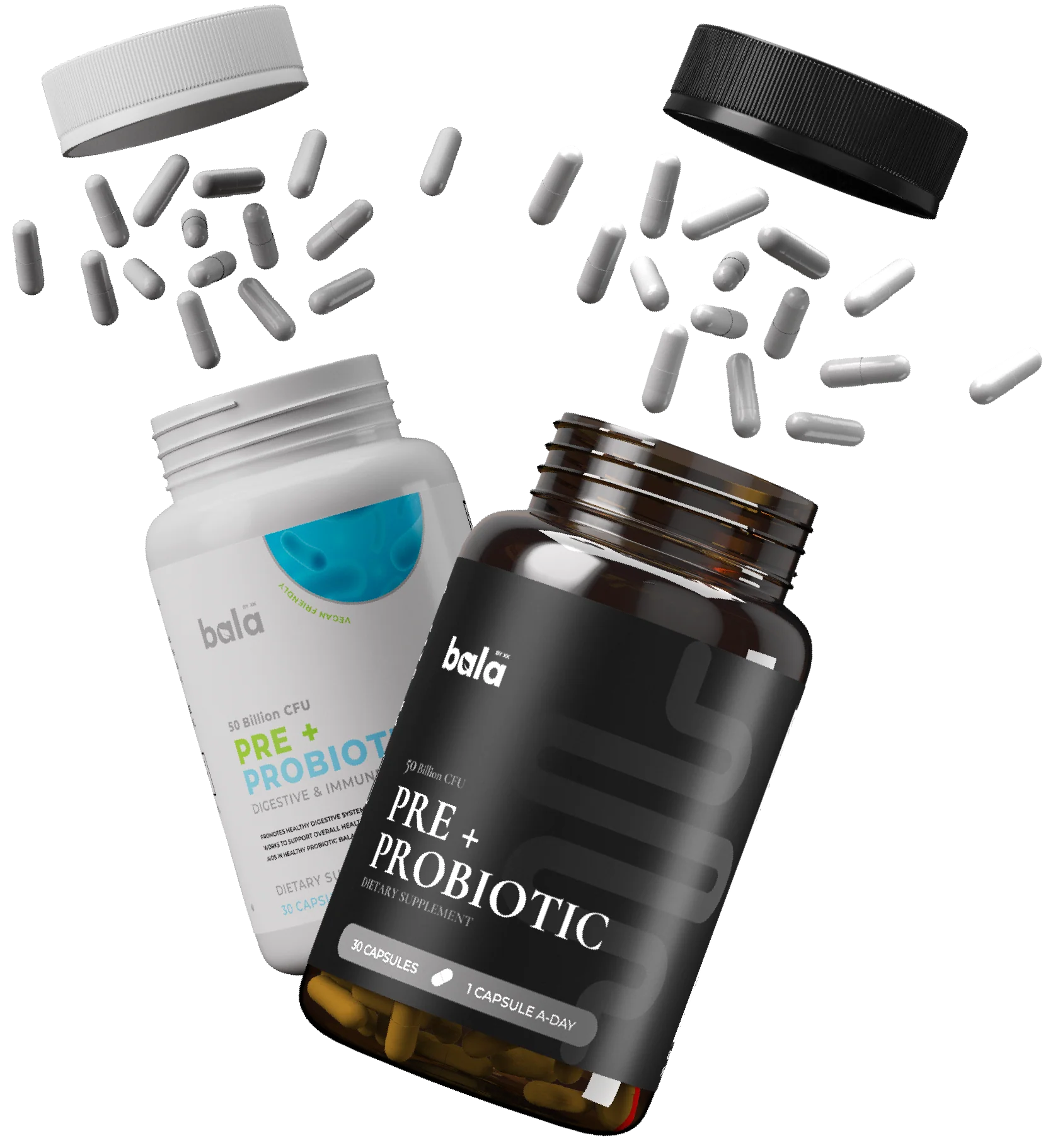 Bala Health Pre + Probiotic Supplement Bottles Open - Showing Capsules with 50 Billion CFU